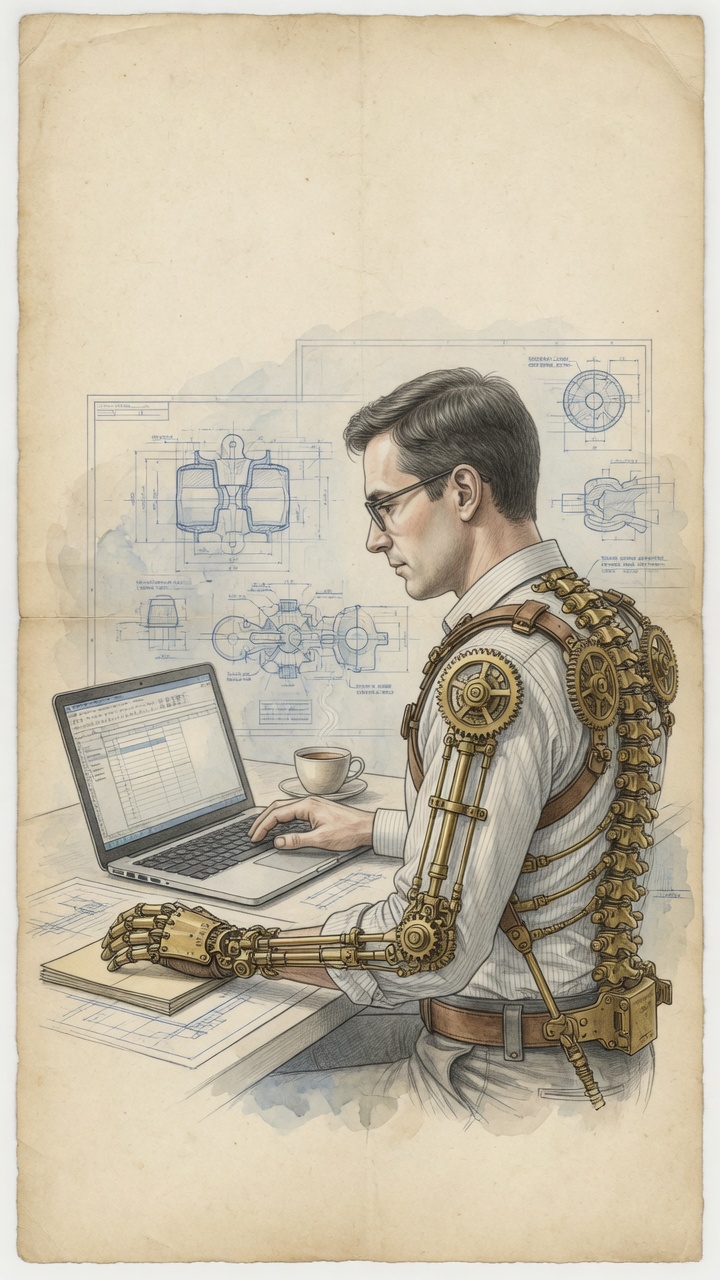 Operator in profile with a brass gear-spine harness at a laptop — help without handoff of control.