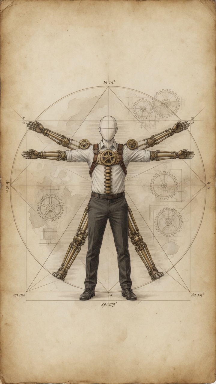 Clothed Vitruvian figure with brass exo limbs — strength on the outside, judgment at the center.